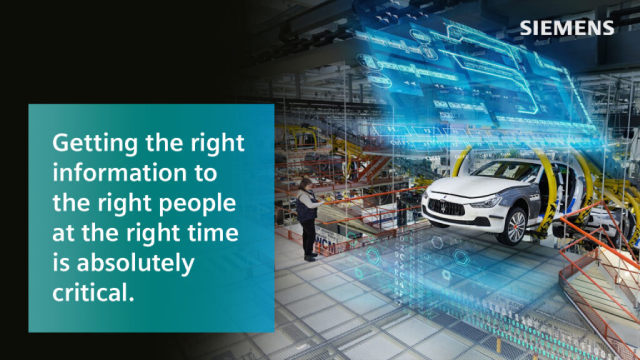 Car in a factory next to the text, "Getting the right information to the right people at the right time is abbsoluely critical."