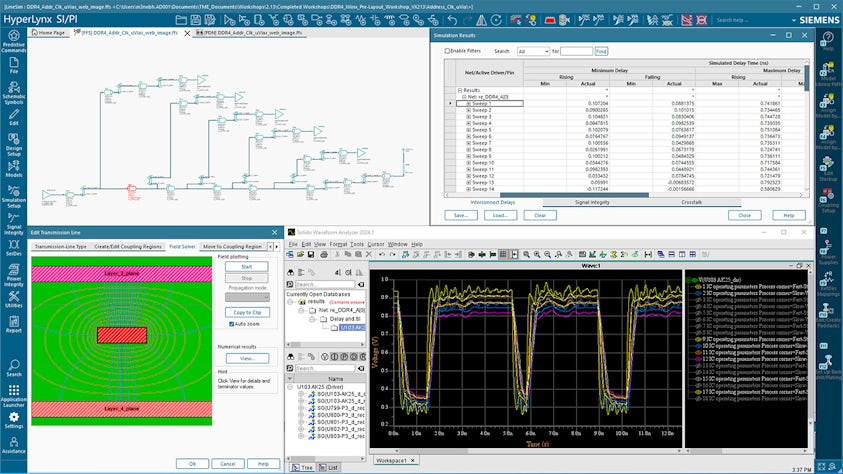 HyperLynx DDR pre-layout PCB design analysis showing proposed layout and analysis for a subset of trace signals.