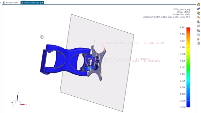 A mount assembly design open in Designcenter NX CAD. The user is running a stress analysis with NX Performance Predictor.