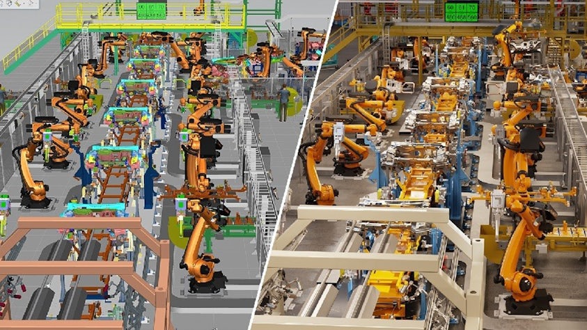 High-fidelity, realistic image rendering of a digital automobile body assembly line created using Siemens Tecnomatix and NVIDIA Omniverse software technology side by side with the Process Simulate software source simulation model.