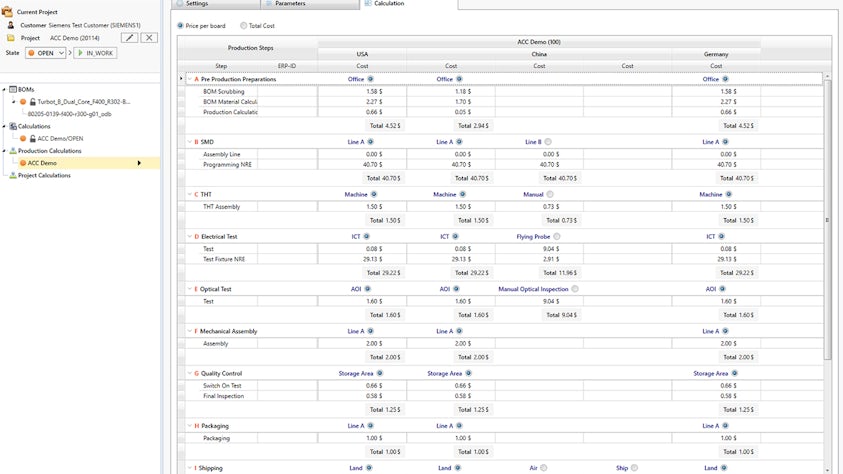 Screen shot showing production steps and caluclations taken from Process Preparation BOM Connector Assembly sofware. 