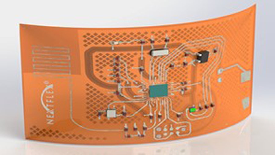 A photo showing a NextFlex flexible hybrid electronics (FHE) semiconductor 