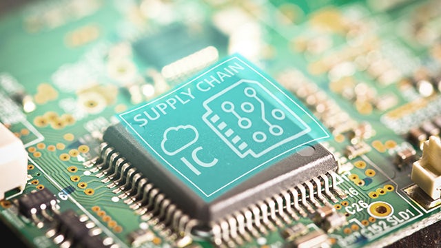 A close-up of a microprocessor labeled "Supply Chain" on a circuit board