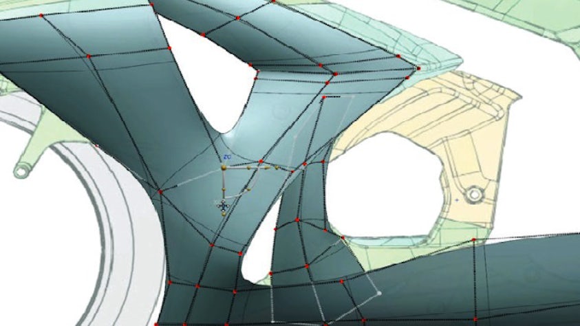 Motorbike Fairing Design in NX using surface modelling utilizing a reference image.