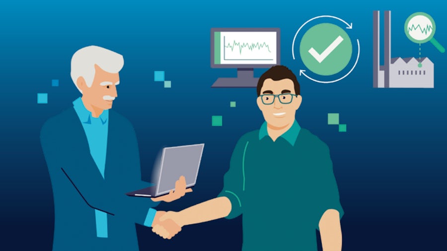Illustration of two men shaking hands while talking about data