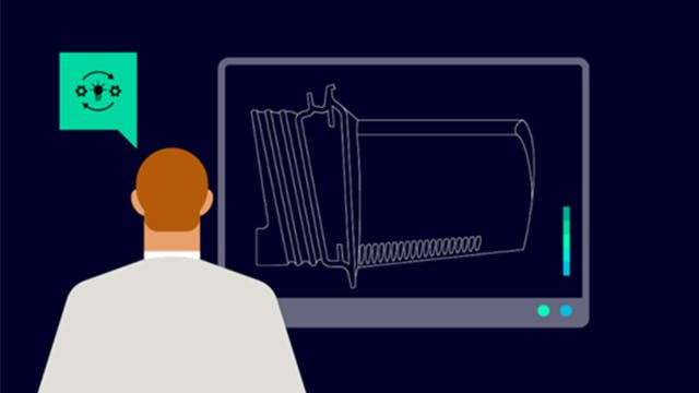 Engineer analyzing a gas turbine blade design on a computer using simulation software.