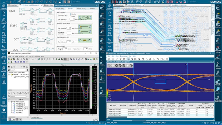 HyperLynx Pre-layout analysis software image showing optimization and verification of signals.