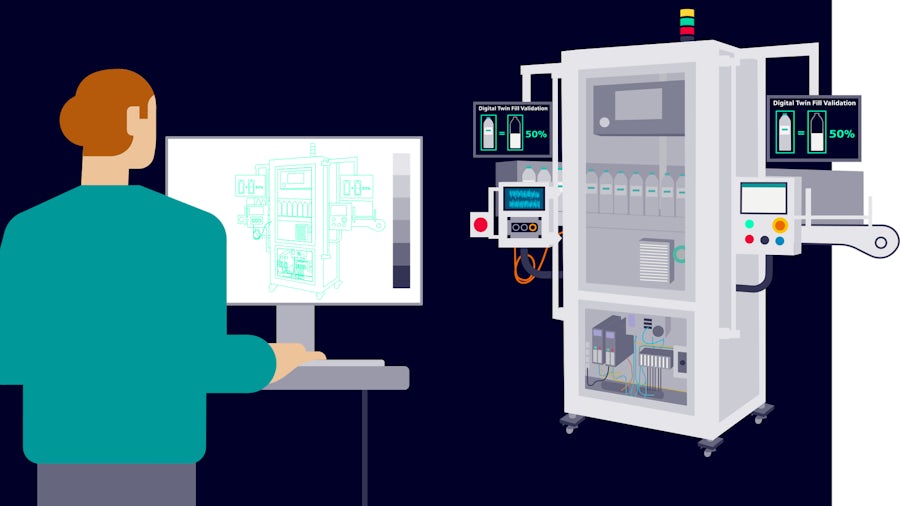 A graphic image of an engineer looking at the digital twin of a machine in front of them.