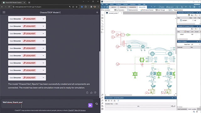 A screenshot of Hi Simcenter, a prototype of LLM-enabled, Simcenter Amesim model-creation capability visuals.
