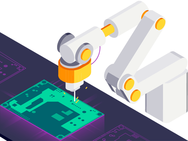 Ilustracja przedstawiająca ramię robotyczne pracujące przy produkcji komputera na linii montażowej.