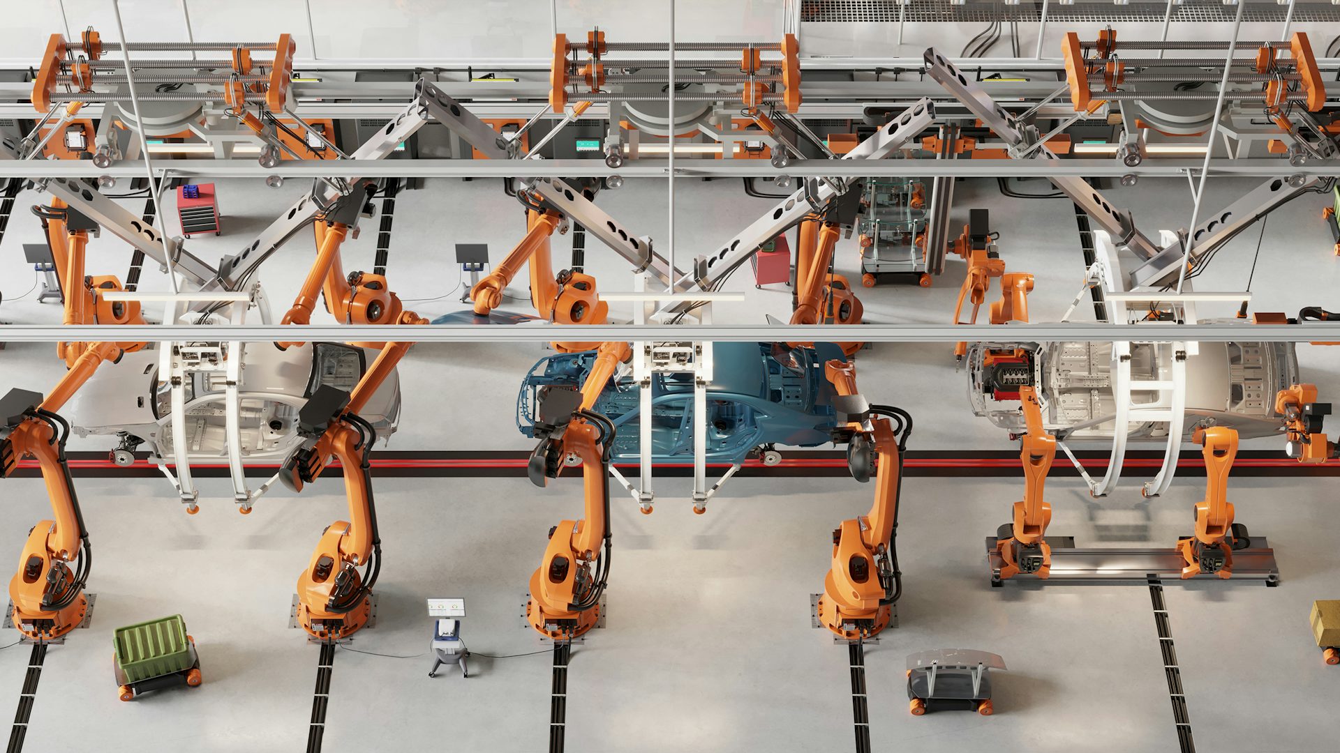 A line of power tools in a factory using iiot digital transformation to assemble cars.