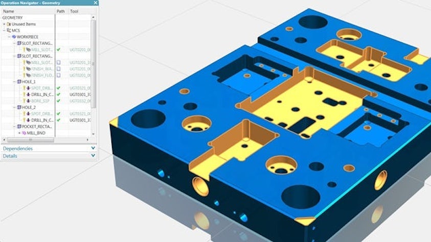 Capture d'écran du tableau de bord NX d'une pièce de machine en cours de planification.