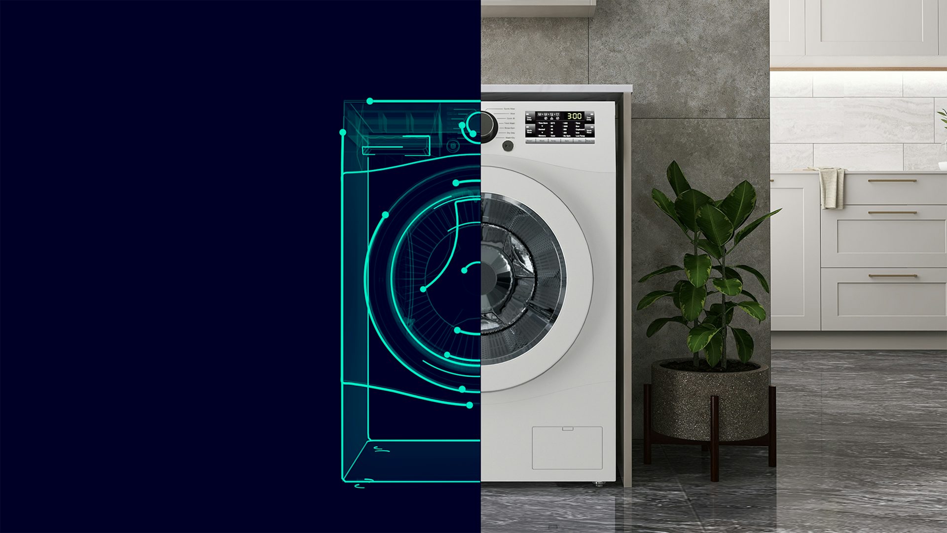Digital Twin of a washing machine, with the left half a monochromatic graphic and the right half an image
