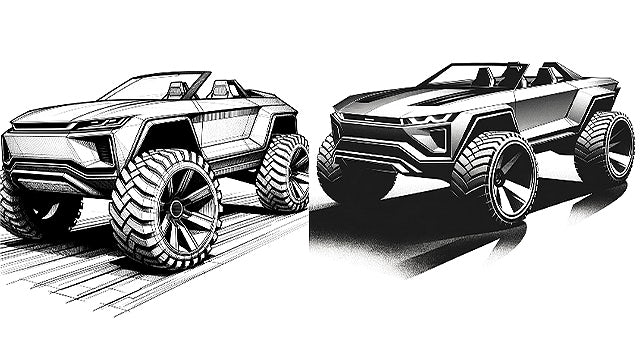 A generative artificial-intelligence-designed sketch of a sportive convertible with off-road tires.