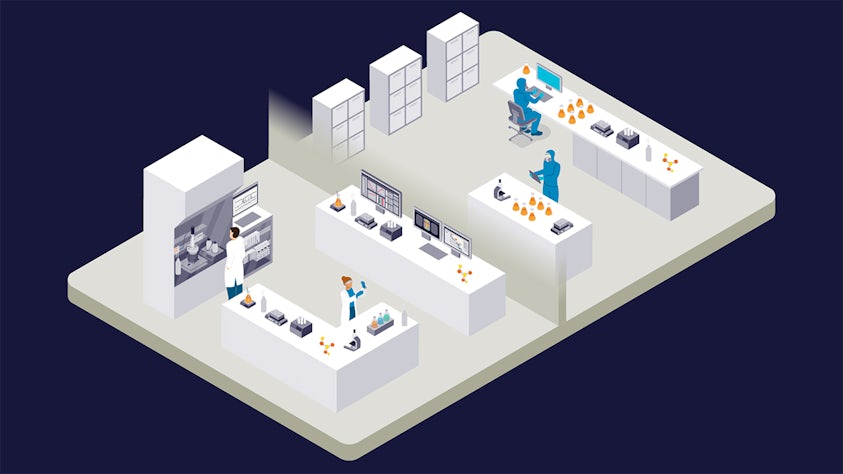 Illustration of a laboratory with people performing tasks for the different stages of enterprise recipe management.