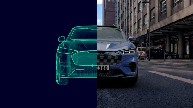 This illustration depicts two sides of a car -- one is virtual; the other is real-world.