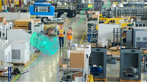 The shop floor of a medical device manufacturing facility with two workers reviewing inventory