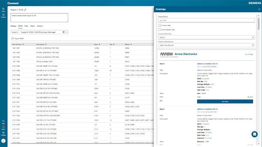 A screenshot of the Siemens Connect BOM page.