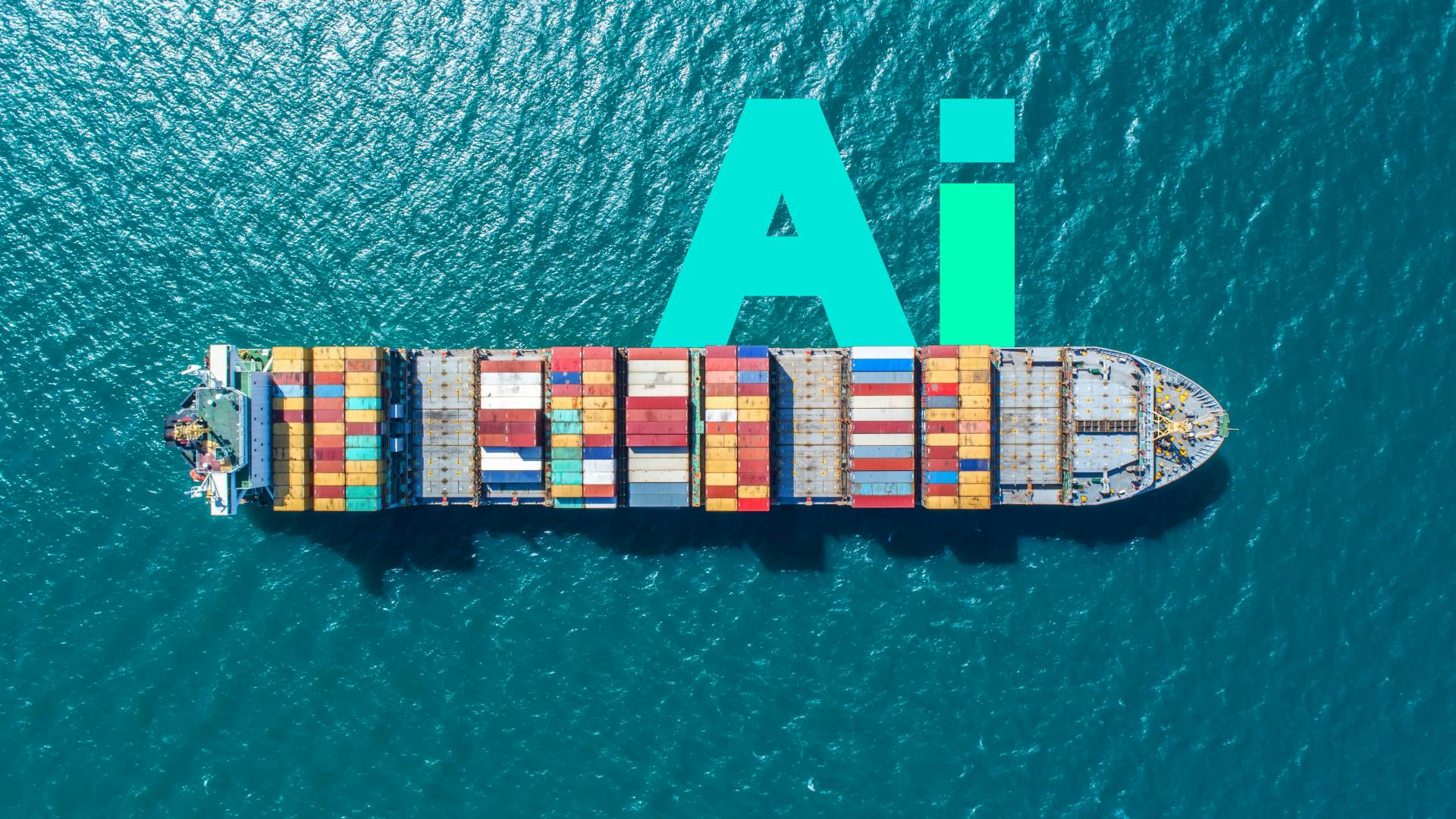 An overheard view of a cargo ship with a text overlay that says AI. 