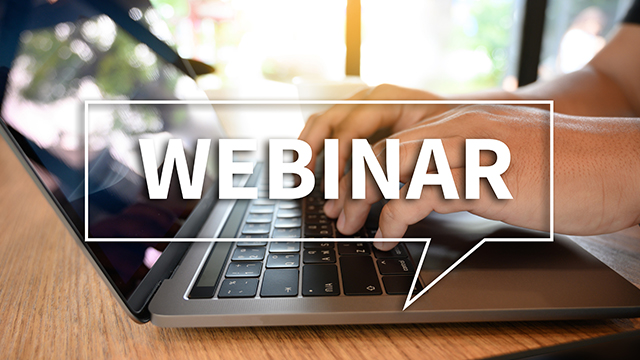 Hands typing on a laptop with the words “Webinar” across the image.