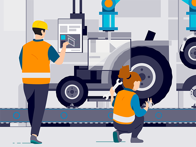  Illustration of two service technicians wearing yellow hard hats and orange safety vests. They are servicing a tractor. They are reviewing process documentation updated through revision management.