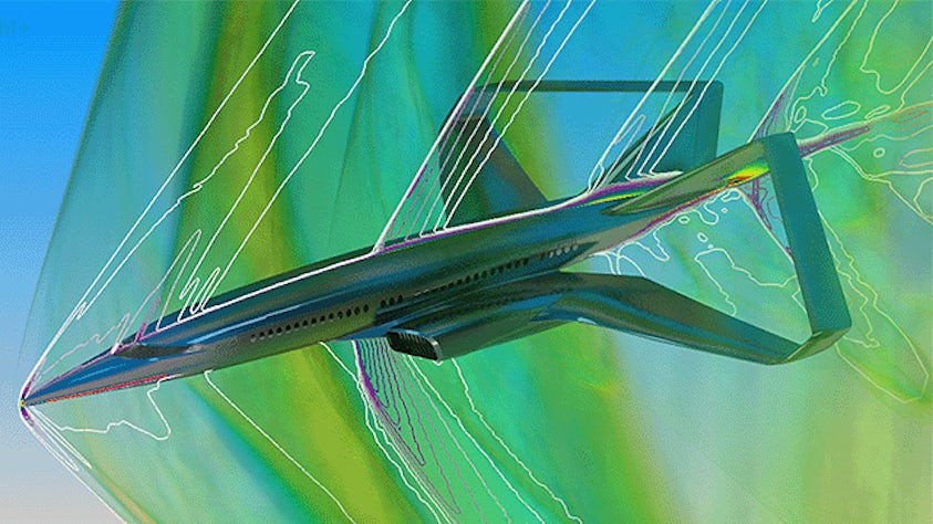 Samolot przelatujący przez model CFD z oprogramowania Simcenter z graficznym przedstawieniem przepływów naddźwiękowych i hipersonicznych.