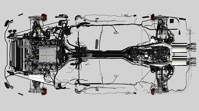 Une vue de dessus de la conception d'un faisceau de câbles dans une voiture.