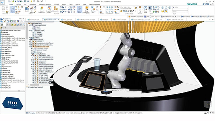 A close-up of the robotic bar, including the drink dock, touch screens and robotic arm.