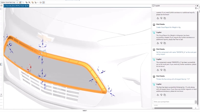 A front-view of a chevy car design in Designcenter NX CAD. The user is talking to Design Copilot NX in order to thicken the selected face and tangent faces by 1.5