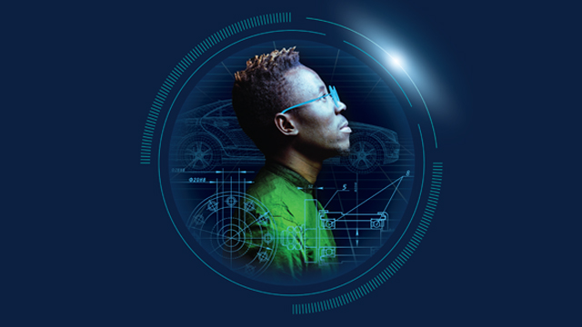 Profile of an engineer surrounded by a circle.