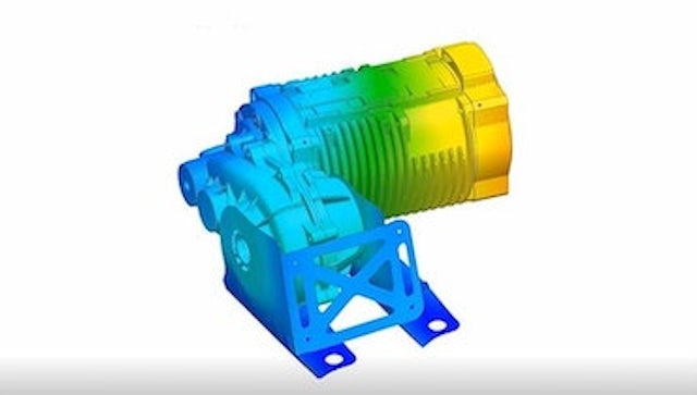 Graphic of a part in NX, with a thermal analysis showing mostly blue, green, and yellow.