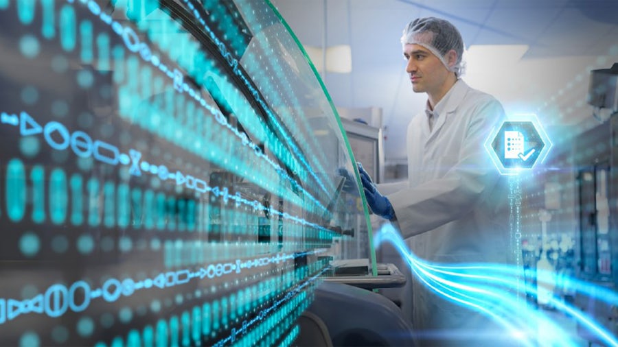 Scientist in laboratory wearing a hair net surrounded by a digitized computer design.