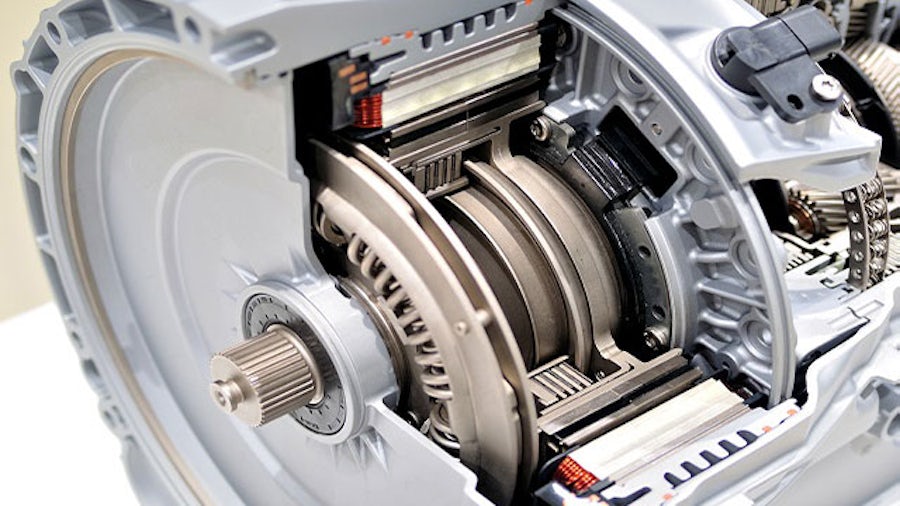 The cross-section view of an automatic transmission shows the torque converter clutch component that is responsible for clutch judder.