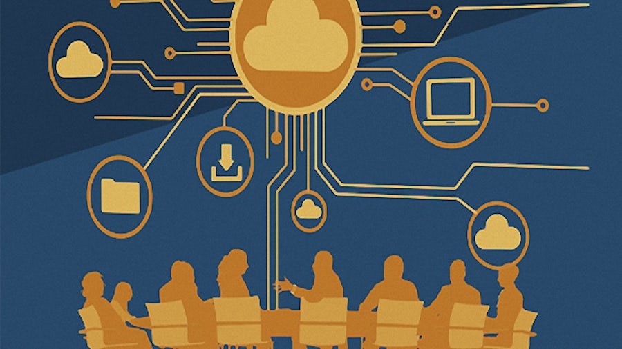 An illustration of people having a meeting and their ideas being contained in a PLM solution above them.