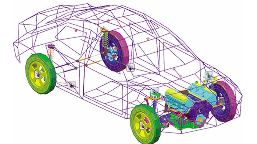Drátový model vozidla s 3D modelem kol a motoru