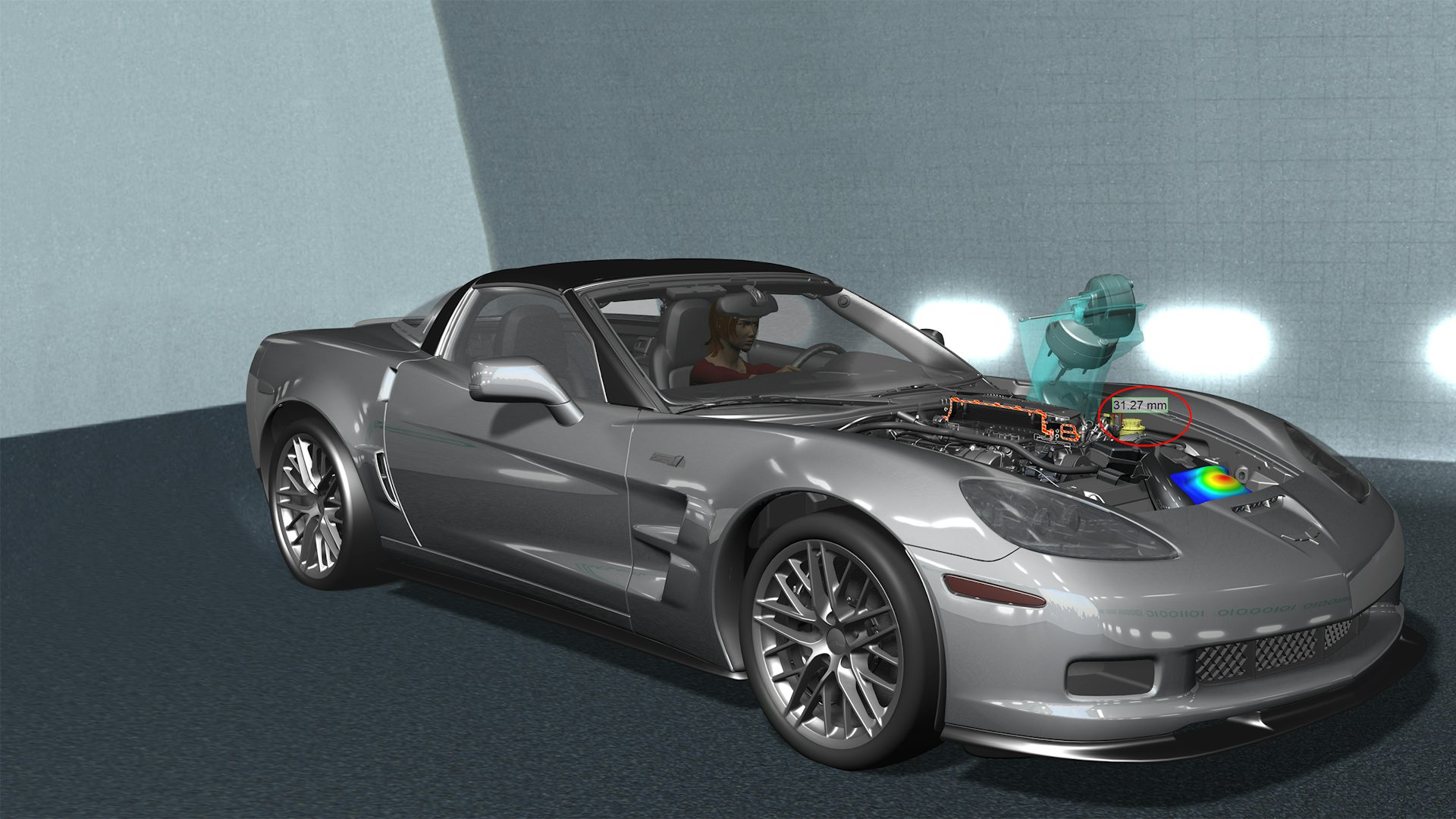 A car with digital mock-up of the engine coming out of the hood.