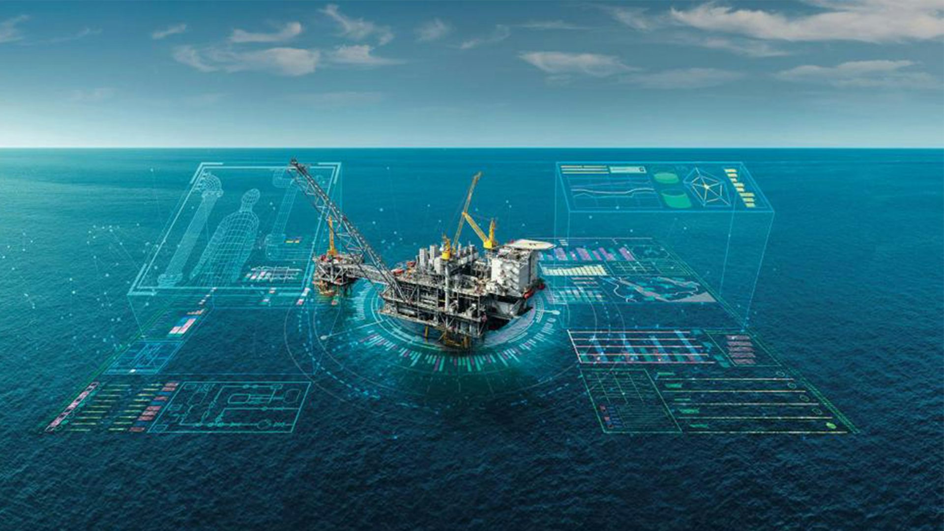 An oil rig in the middle of the ocean with a 3D software overlay.