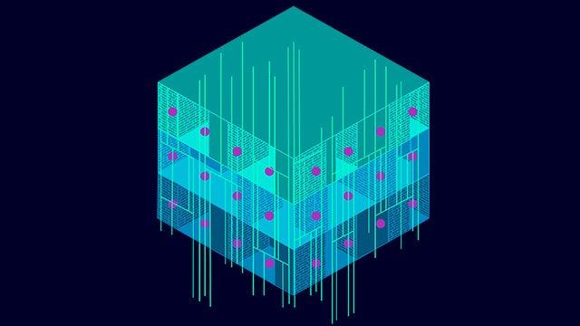 Stylized image of IC design. Rectangles in multiple shaded of blue represent layers. Purple dots represent inserted vias, green lines represent inserted parallel runs, and grid blocks represent inserted filler/DCAP cells.