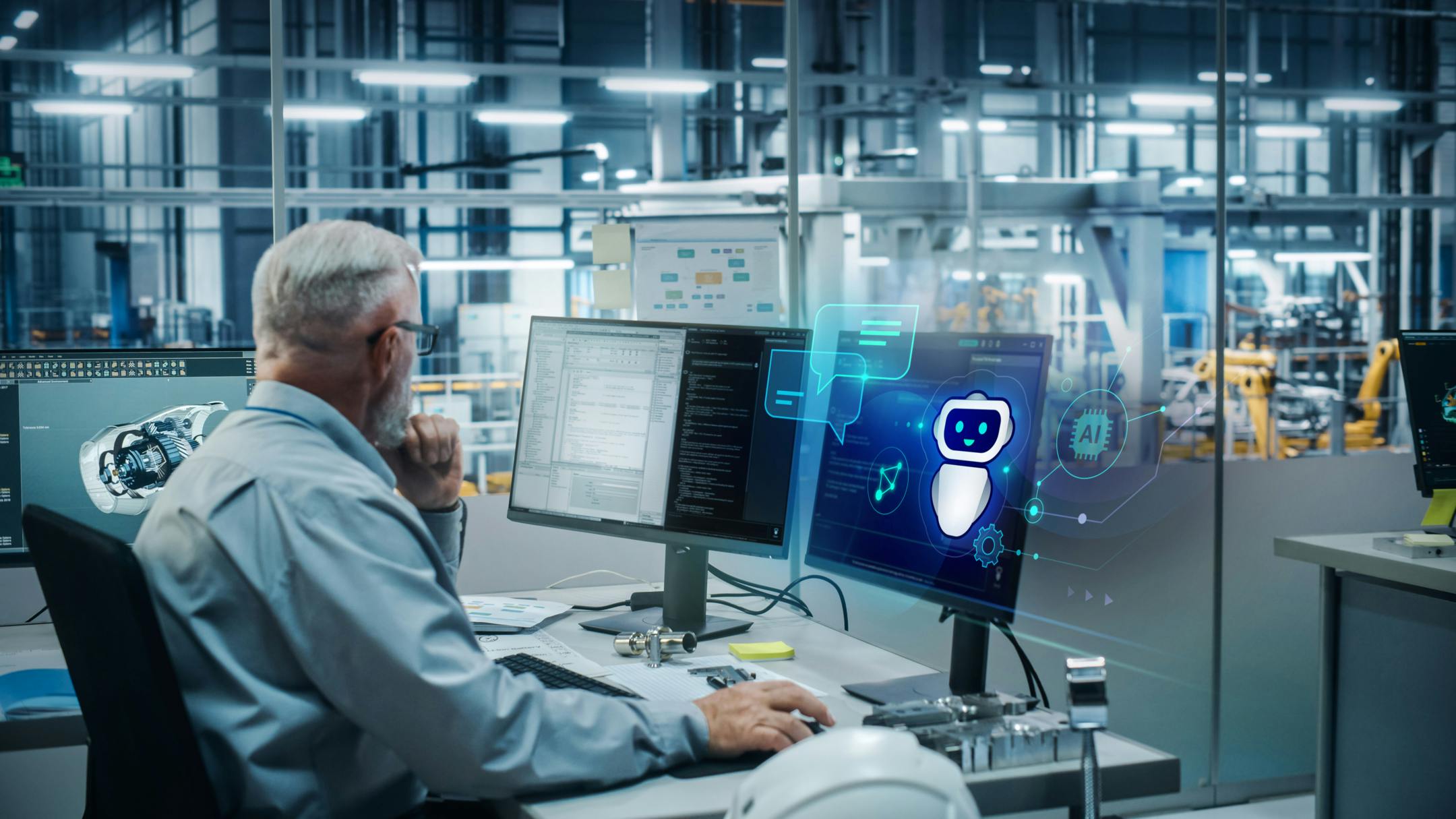 Fachkraft an modernem Fertigungsarbeitsplatz mit mehreren Bildschirmen für CAD-Design und KI-Schnittstelle, umgeben von hochmoderner Industrieanlage mit automatisierter Ausrüstung.