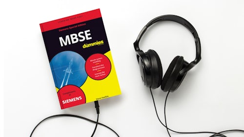 Le livre Le MBSE pour les nuls, Édition spéciale Siemens, est branché a des écouteurs pour indiquer qu'il est disponible à la fois en e-book et en audiobook.