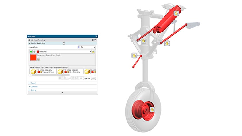 HD3D tool in NX used to validate the parts of  the front landing gear of an airplane.