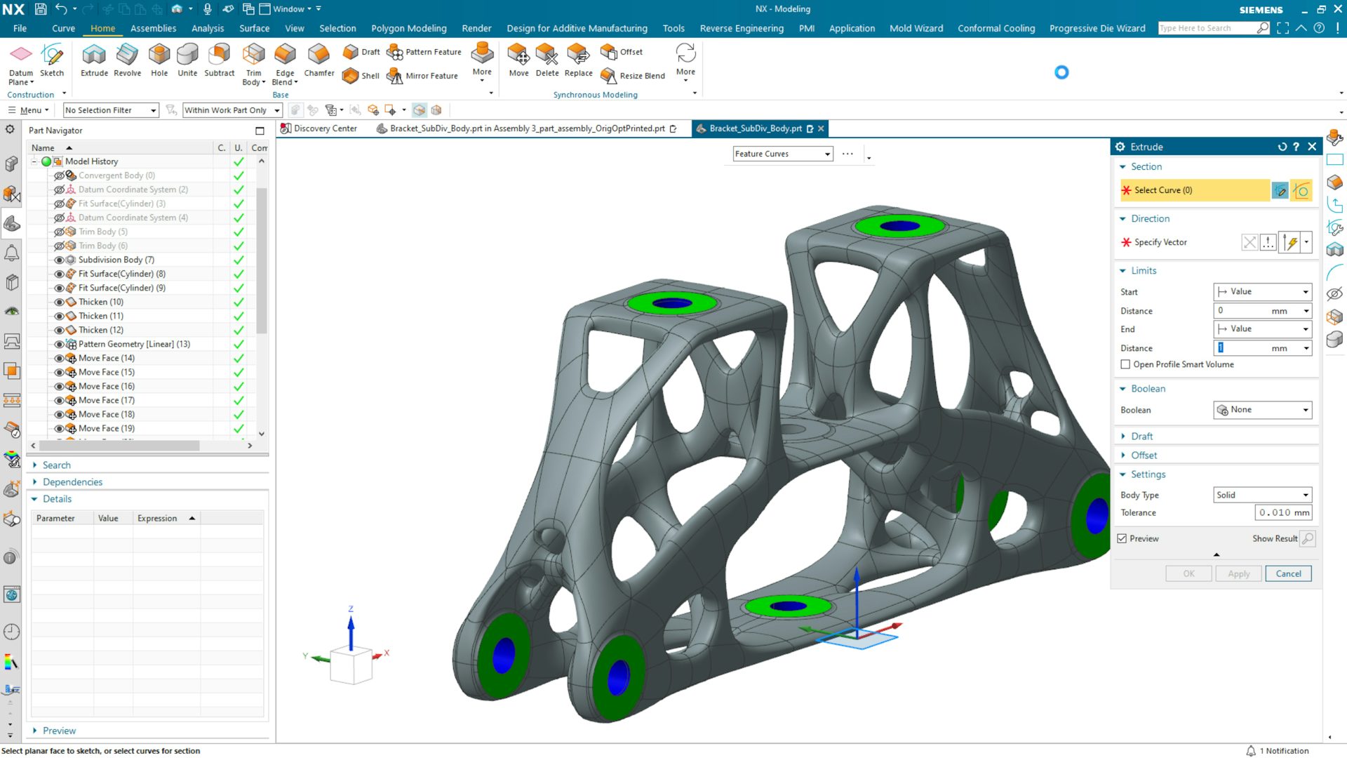 A topology-optimized part is being designed in software.