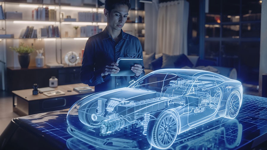 AR技術を使って車のホログラムを解析するエンジニア。生成AI