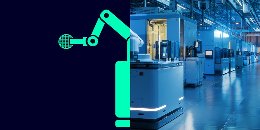 A robotic arm holding a part for a semiconductor in a lab. Half of the semiconductor robotic arm is an icon, the other half is a photo. 