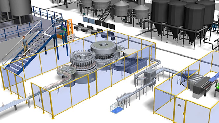 Bottle filling 3D simulation model created using Plant Simulation software.