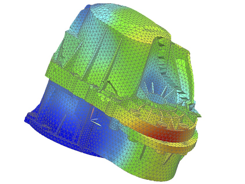 A finite element analysis for structural dynamics of a gearbox for an electric vehicle powertrain visuals from the Simcenter 3D software.