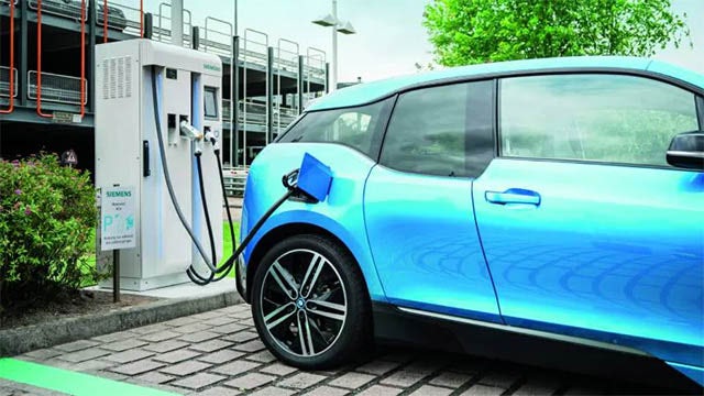 An electric car getting charged.