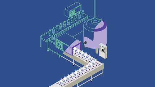 Obrázek linky na výrobu nápojů s dopravníky.