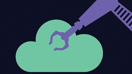 An illustrated image of an industrial robotic arm reaching into a cloud.