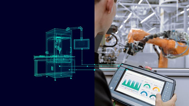 Split-view image of a manufacturing facility showing a Siemens digital twin on the left with wireframe renderings of the machine and the real-world factory on the right with a worker using Siemens Simatic HMI software.